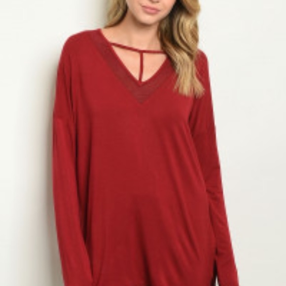 Love Riche Red T-collar high Low Long sleeve Tunic - Picture 1 of 10